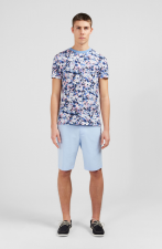 T shirt bleu en coton piqu  imprim  fleuri