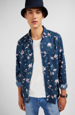 Chemise en coton bleu fonc  imprim e fleurs