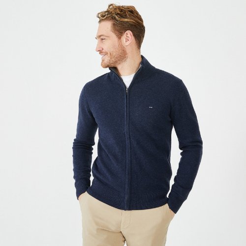 Cardigan zippé bleu en laine et coton uni