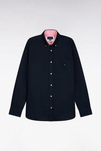 Chemise en coton pinpoint marine d�tails roses