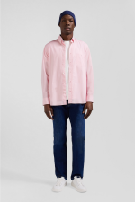 Chemise en popeline de coton rose col boutonn